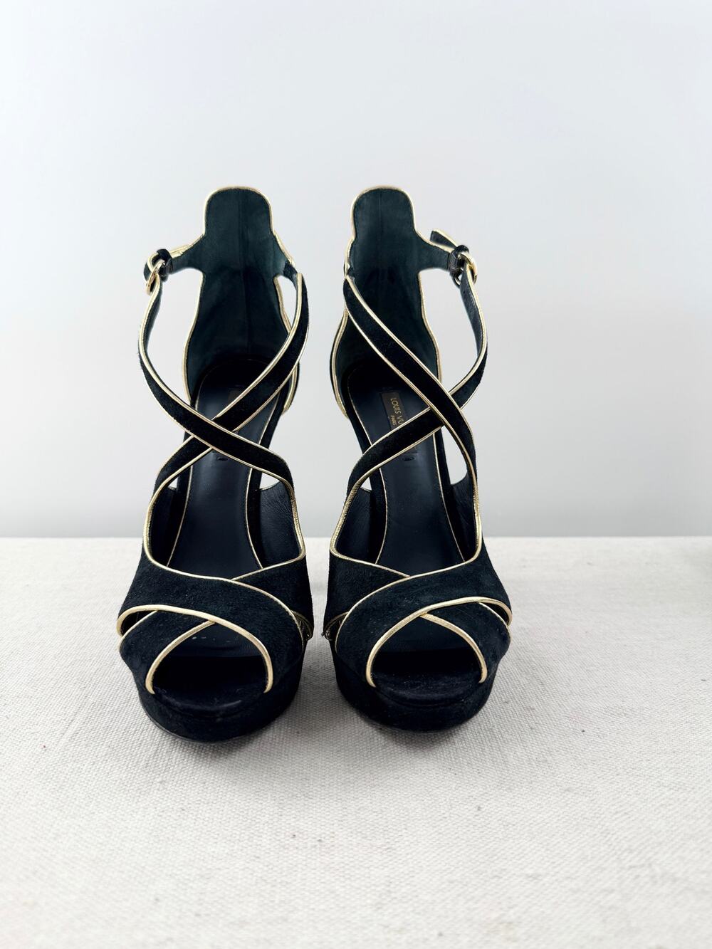 VTG Louis Vuitton Suede Gold Trim Stilettos Platform Strappy Sandals Black 36.5